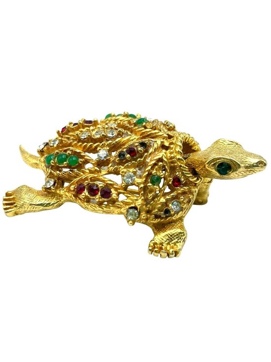 Hattie Carnegie Jewelry - Hattie Carnegie Turtle Brooch Bobble Head Unsigned Gold Tone Rhinestones RARE!